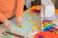 Close-up of woman`s hand stitching quilting. Tailor Woman workin