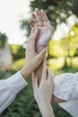 Close up of a woman\'s hand touching the grass, feeling nature Royalty Free Stock Photo