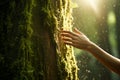 Close-up of woman\'s hand touching an old tree. Royalty Free Stock Photo