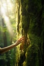 Close-up of woman\'s hand touching an old tree. Royalty Free Stock Photo