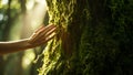 Close-up of woman\'s hand touching an old tree. Royalty Free Stock Photo