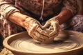 Close-up of a woman\'s hands in a ceramic workshop working with clay on a potter\'s wheel. Generative AI