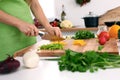 Close up of woman`s hands cooking in the kitchen. Housewife slicing fresh salad. Vegetarian and healthily cooking Royalty Free Stock Photo