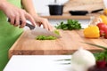 Close up of woman`s hands cooking in the kitchen. Housewife slicing fresh salad. Vegetarian and healthily cooking Royalty Free Stock Photo