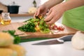 Close up of woman`s hands cooking in the kitchen. Housewife slicing fresh salad. Vegetarian and healthily cooking Royalty Free Stock Photo