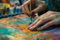 A close-up of a woman's hands creating art painting in art class
