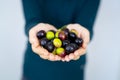 Close up of a woman`s hands holding a handful of olives Royalty Free Stock Photo