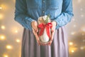Close up of woman`s hands holding homemade stollen cake wrapped as a gift in front of the christmas lights. Selective focus