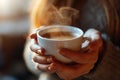 Close-up of a woman\'s hands holding a steaming cup of espresso, Generated AI