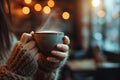 Close-up of a woman\'s hands holding a steaming espresso cup, Generated AI