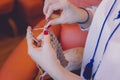 Close-up of woman`s hands knitting Royalty Free Stock Photo