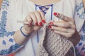 Close-up of woman`s hands knitting Royalty Free Stock Photo