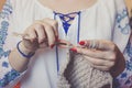 Close-up of woman`s hands knitting Royalty Free Stock Photo