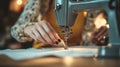 Close up of a woman s hands skillfully operating an electric sewing machine with precision Royalty Free Stock Photo
