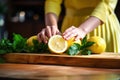 Close up of woman\'s hands squeezing lemon on wooden cutting board.Generative AI
