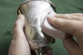 Hands polishing tarnished silver goblet