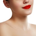 Close-up of woman's lips with bright fashion red makeup. Macro b