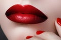 Close-up of woman's lips with fashion make-up and manicure. Beau