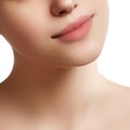 Close-up of woman's lips with fashion natural beige lipstick mak
