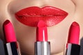 Close-up of woman's lips with fashion red make-up. Beautiful female mouth, full lips with perfect makeup