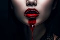 Close-up of woman\'s lips with red lipstick with blood dripping down her chin