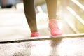 Close up of womanÃÂ´s sports shoes. Young woman running up stairs. Healthy lifestyle. Fitness sport. Cardio training Royalty Free Stock Photo