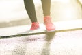 Close up of womanÃÂ´s sports shoes. Young woman running up stairs. Healthy lifestyle. Fitness sport. Cardio training Royalty Free Stock Photo