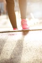 Close up of womanÃÂ´s sports shoes. Young woman running up stairs. Healthy lifestyle. Fitness sport. Cardio training Royalty Free Stock Photo