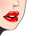 Close up woman`s talking, red lips on white. Pop art retro