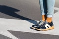 Close up of woman shoes standing on the street Royalty Free Stock Photo