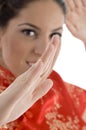 Close up of woman showing karate gesture