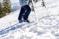 woman skier legs in skis boots hiking up mountains snow. Active lifestyle, winter extreme sports Royalty Free Stock Photo