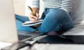 Close up woman smart working on computer at home - Young female studying with laptop in bed