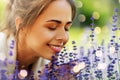 Close up of woman smelling lavender flowers Royalty Free Stock Photo