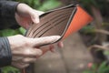 Close-up woman standing and holding the wallet empty Royalty Free Stock Photo