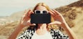 Close up woman stretching her hands for taking selfie picture by smartphone on hiking trail on top of the mountain, Tenerife, Royalty Free Stock Photo