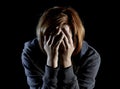 Close up woman suffering depression and stress alone in pain and grief Royalty Free Stock Photo