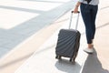 Close up woman and suitcase trolley luggage in airport. People and lifestyles concept. Travel and Business trip theme. Woman wear Royalty Free Stock Photo