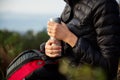 Close Up Of Woman Taking A Break From Countryside Hike And Drinking Coffee From Flask Royalty Free Stock Photo