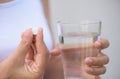 Close up of woman taking in pill, Medicine, health care Royalty Free Stock Photo