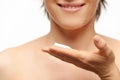 Close up of woman using cream Royalty Free Stock Photo