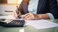 Close up woman using working with calculator, accountant concept, Generated AI Royalty Free Stock Photo