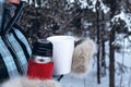 Close-up. Woman in a warm clothing holds a red thermos with a hot drink and a white mug. Winter forest background Royalty Free Stock Photo