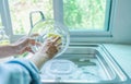 Close-up of a woman washing dishes with dirty food scraps Cleaner in the sink the kitchen counter at home Royalty Free Stock Photo