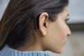 Close Up Of Young Woman Wearing Behind The Ear Hearing Device Or Aid Royalty Free Stock Photo