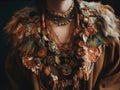 A close up of a woman wearing a necklace with feathers. AI generative image. Royalty Free Stock Photo