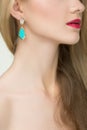 Close up of woman wearing shiny diamond earrings Royalty Free Stock Photo