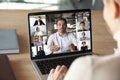 Female employee talk on video call with diverse colleagues Royalty Free Stock Photo