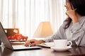 Close up woman is working at home. Freelancer woman is thinking idea for work. work at home concept