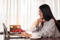 Close up woman is working at home. Freelancer woman is thinking idea for work. work at home concept